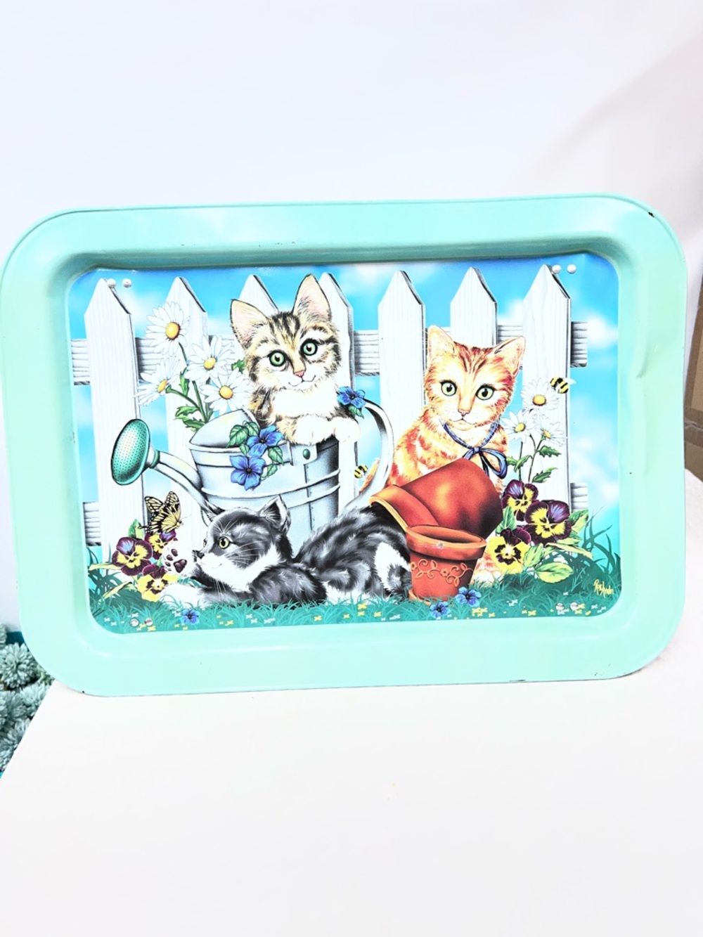 Vintage 80’s Cat Garden Folding TV Lap Tray Illustrated Kittens FLAWED